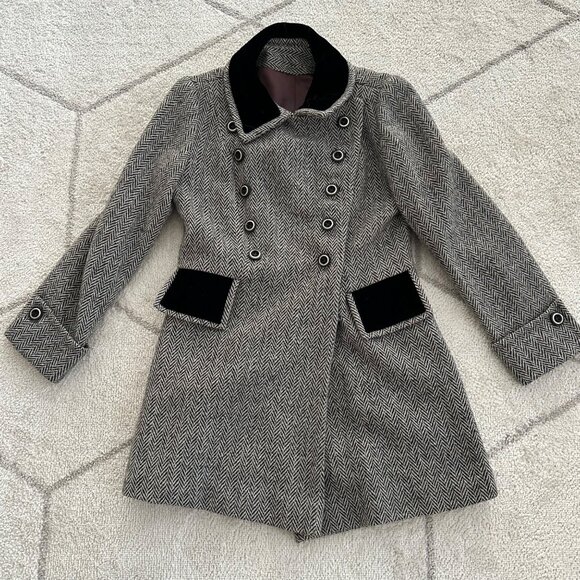 Vintage 60s Mid-Length Velvet Collar Wool-Blend Herringbone Coat - Picture 1 of 10